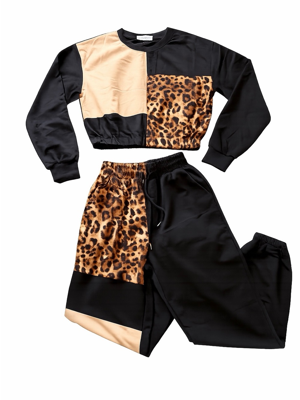 Woman’s Black & Tan Leopard Patchwork Set